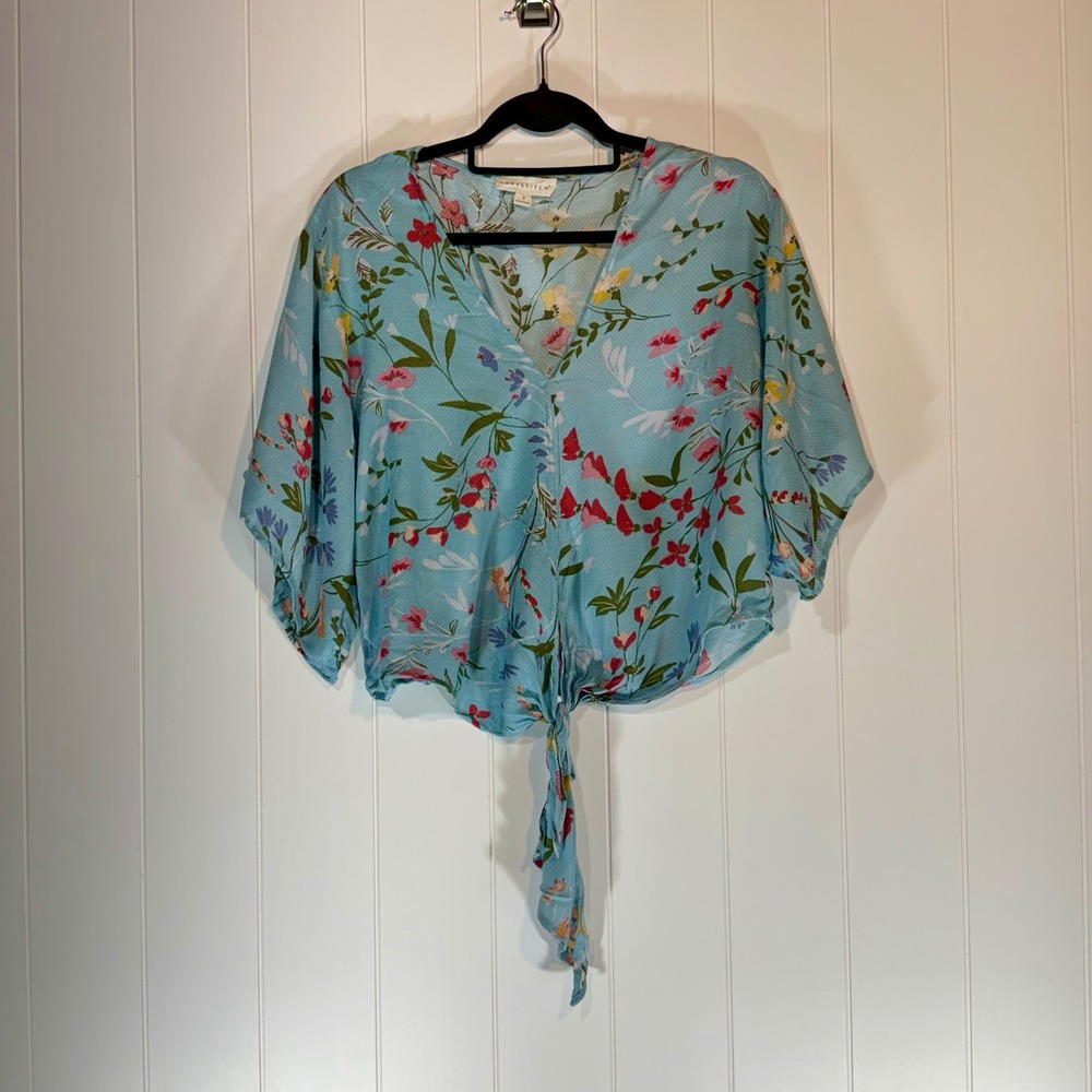 Lovestitch Floral Tie Front Top Blue V-Neck Boho Blouse Small